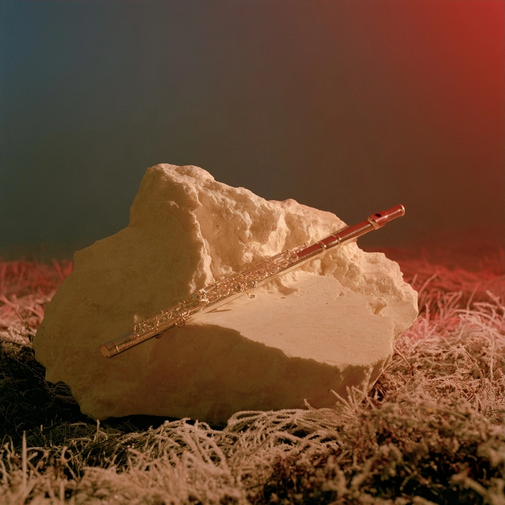 A silver flute lying on a large white stone surrounded by frozen grass under red and blue light.