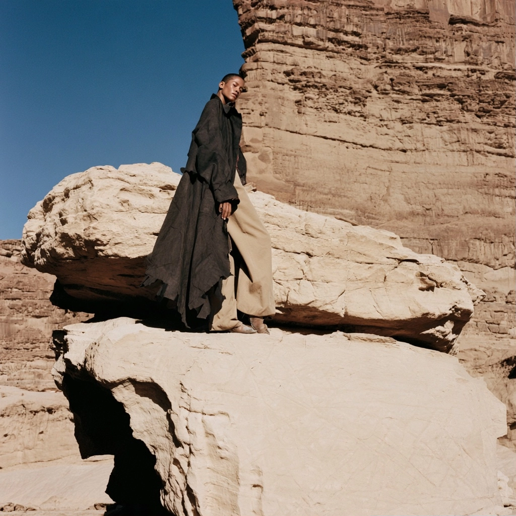 A person wearing a long dark coat and wide-leg tan pants posing on a large desert rock.