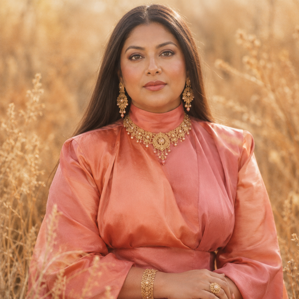 Portrait of a woman in peach silk attire and gold jewelry standing in a golden field.