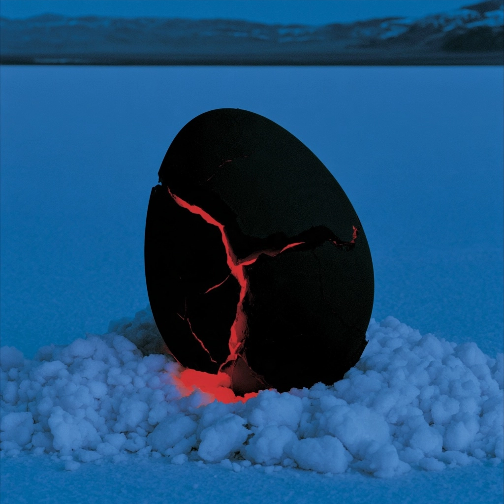 A cracked black egg emitting a red glow, resting in white snow against a blue landscape.