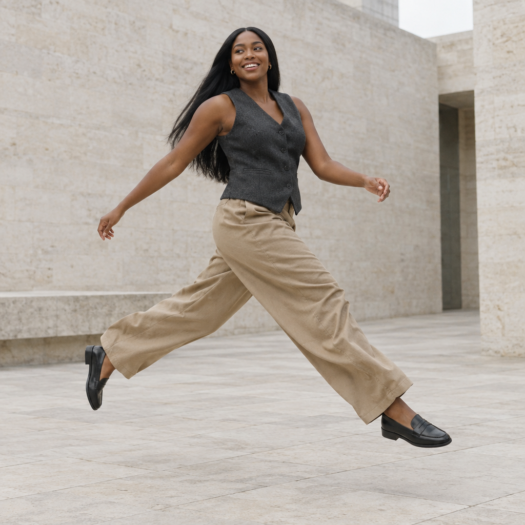A joyful woman jumping mid-air wearing a grey waistcoat and beige wide-leg pants.