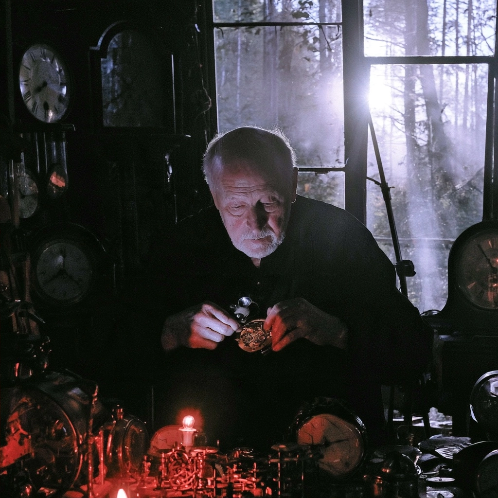 An old man carefully examining a small gold pocket watch in a dark room filled with antique clocks.