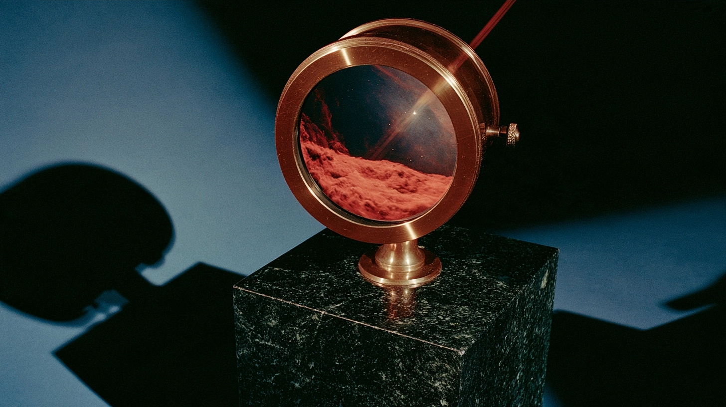 A vintage brass mirror on a marble block reflecting a red moon surface.