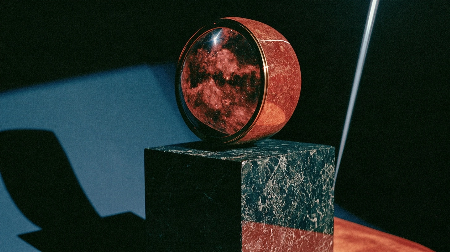 A cosmic-patterned sphere sitting atop a dark marble cube under dramatic lighting.