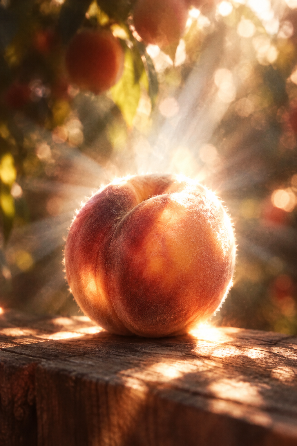 A sunlit peach glowing with bright light rays on a rustic wooden ledge.