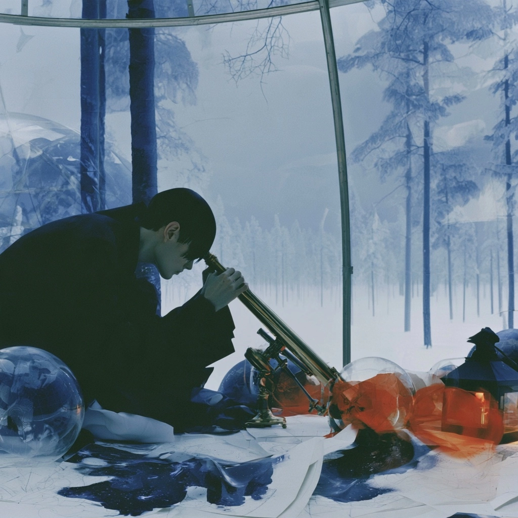 A person using a telescope inside a transparent dome surrounded by a snowy pine forest.