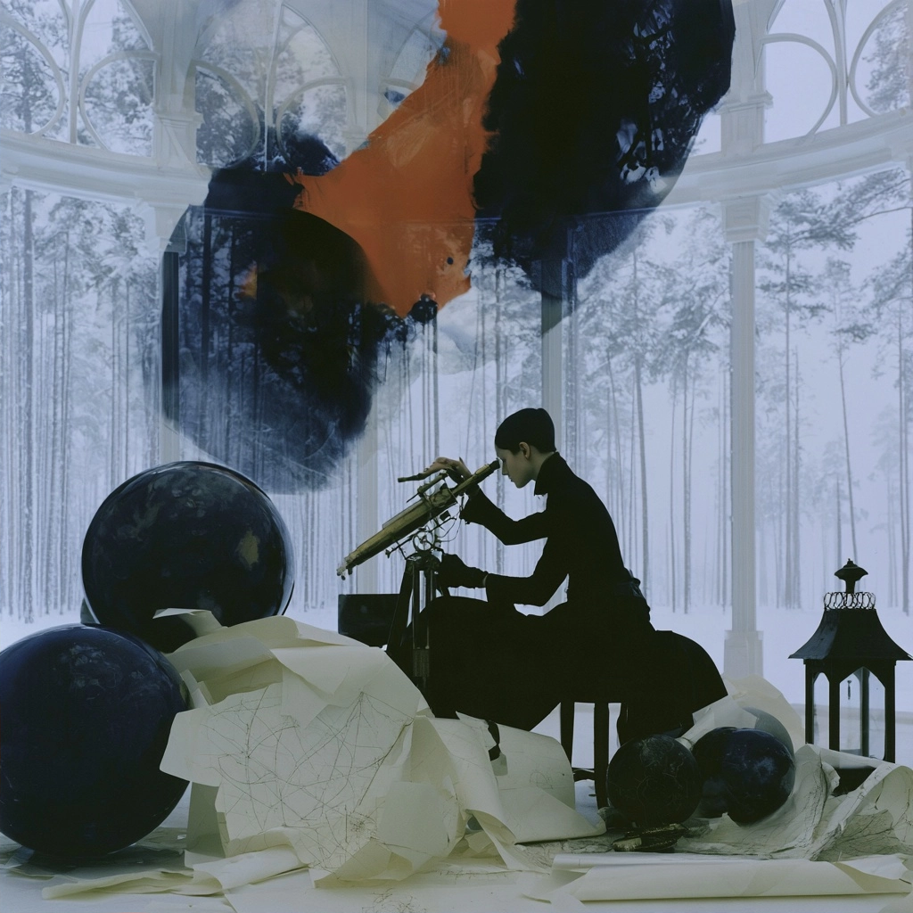 Silhouette of a person using a telescope surrounded by large dark globes and scattered papers in a misty glass room.