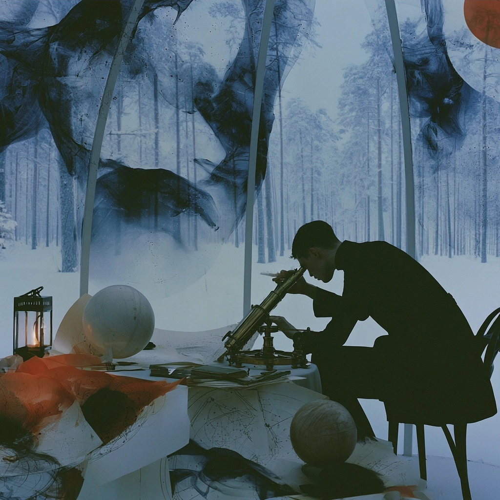 Silhouette of a person looking through a telescope surrounded by maps and globes in a snowy forest.