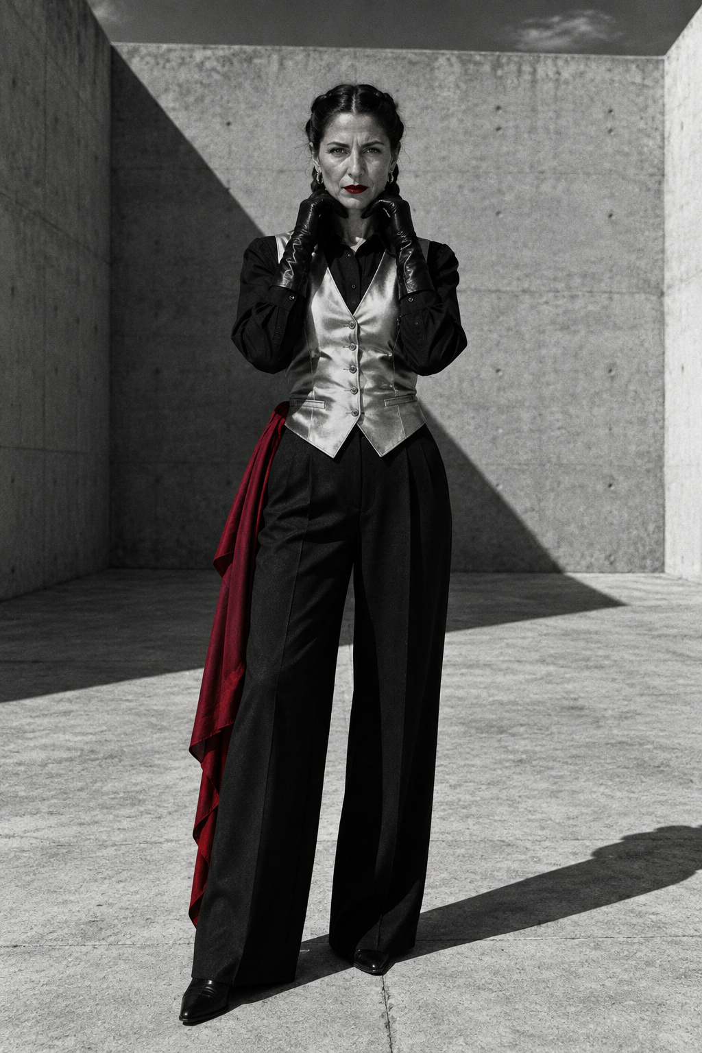 A woman wearing black gloves and a silver vest stands in a concrete courtyard.