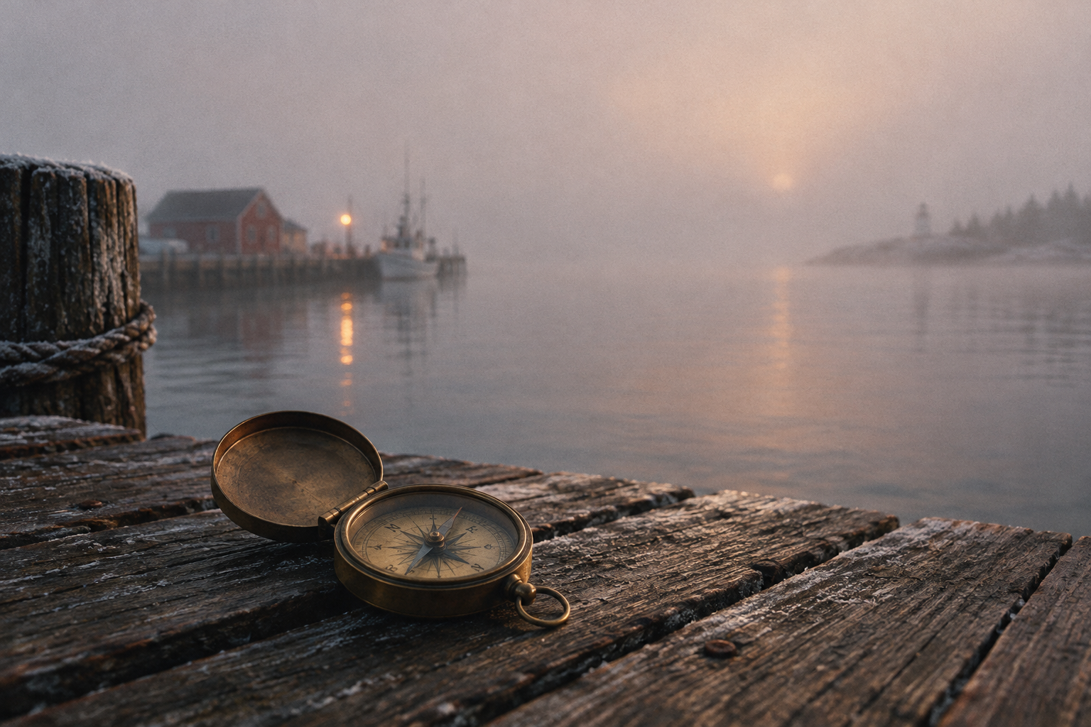 A vintage brass compass lying on a frost-covered wooden dock with a foggy sea and distant boats in the background.