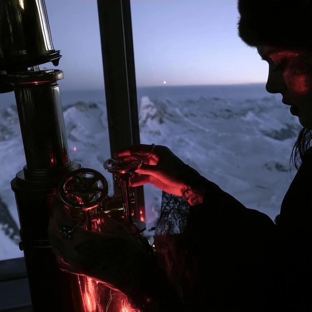 Silhouette of a person operating a brass instrument against a snowy twilight background.