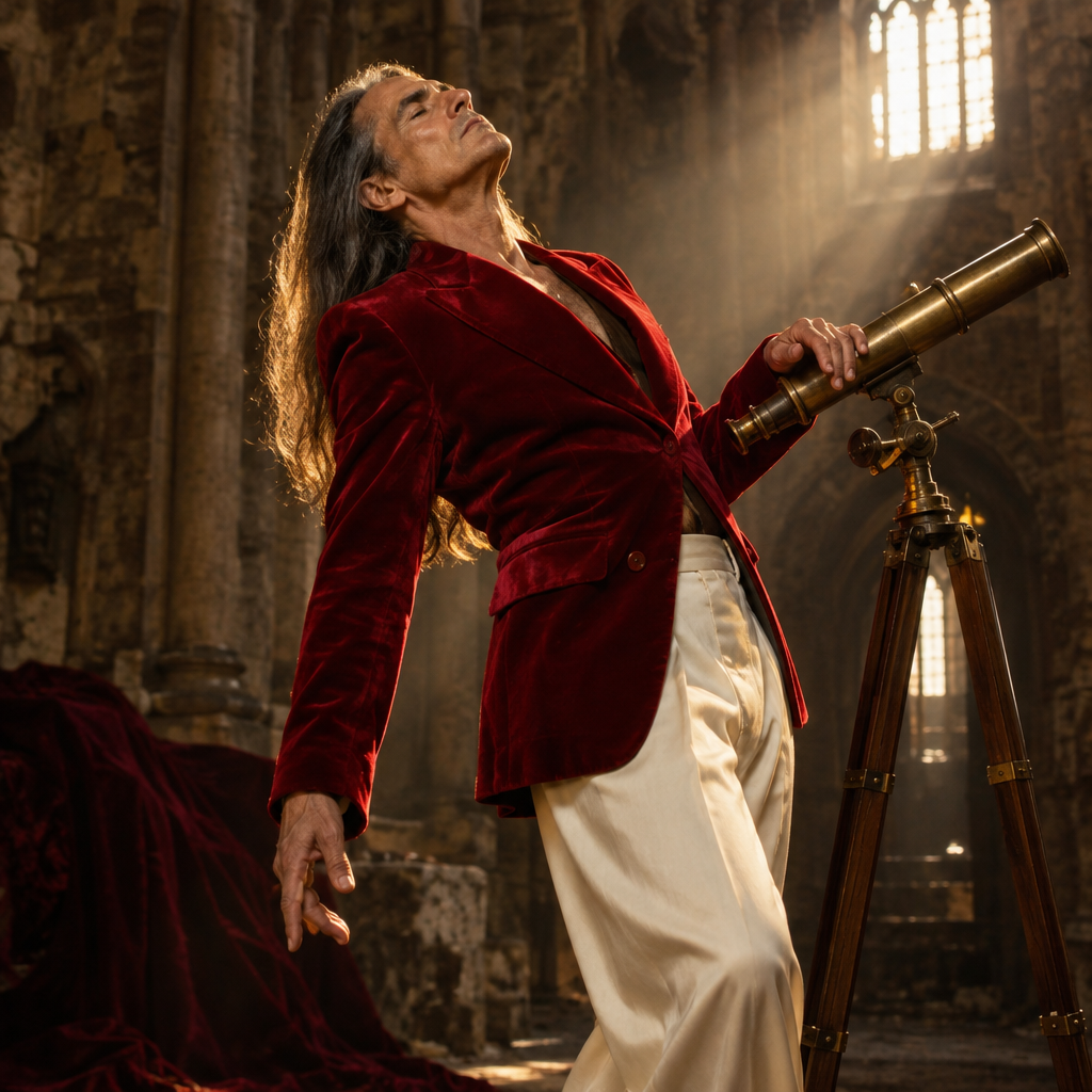 Man in red velvet jacket posing with a brass telescope in a sunlit, historic stone building.