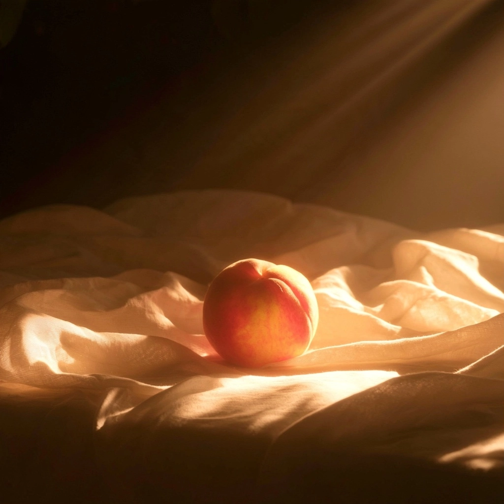 A ripe peach sitting on wrinkled white cloth illuminated by a dramatic sunbeam.
