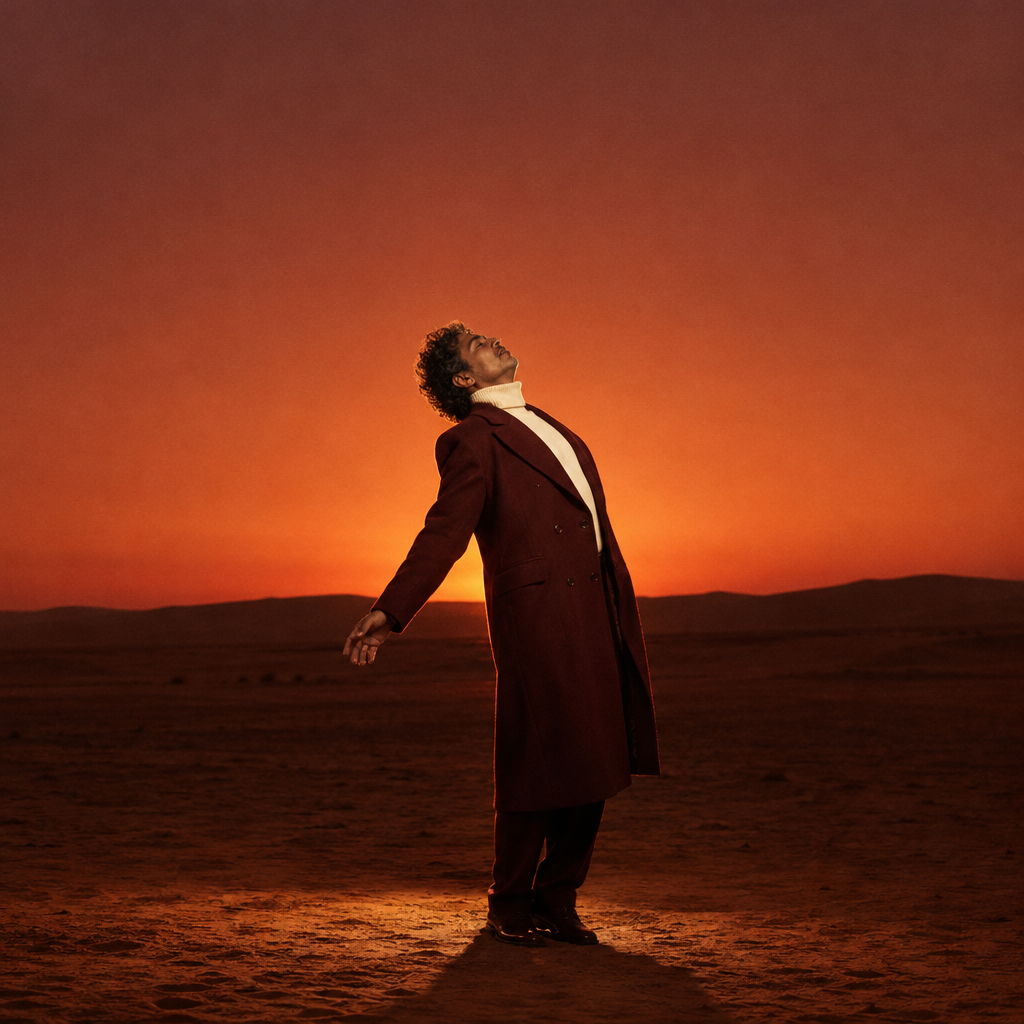 A man wearing a long dark red coat looking up towards a glowing orange sunset in a desert landscape.