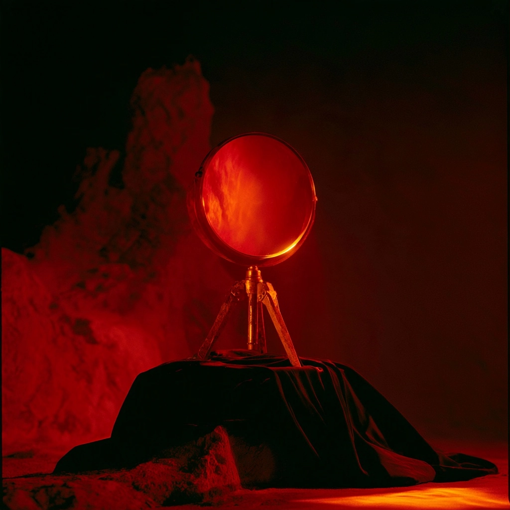 A round mirror on a tripod illuminated by deep red light against a dark background.