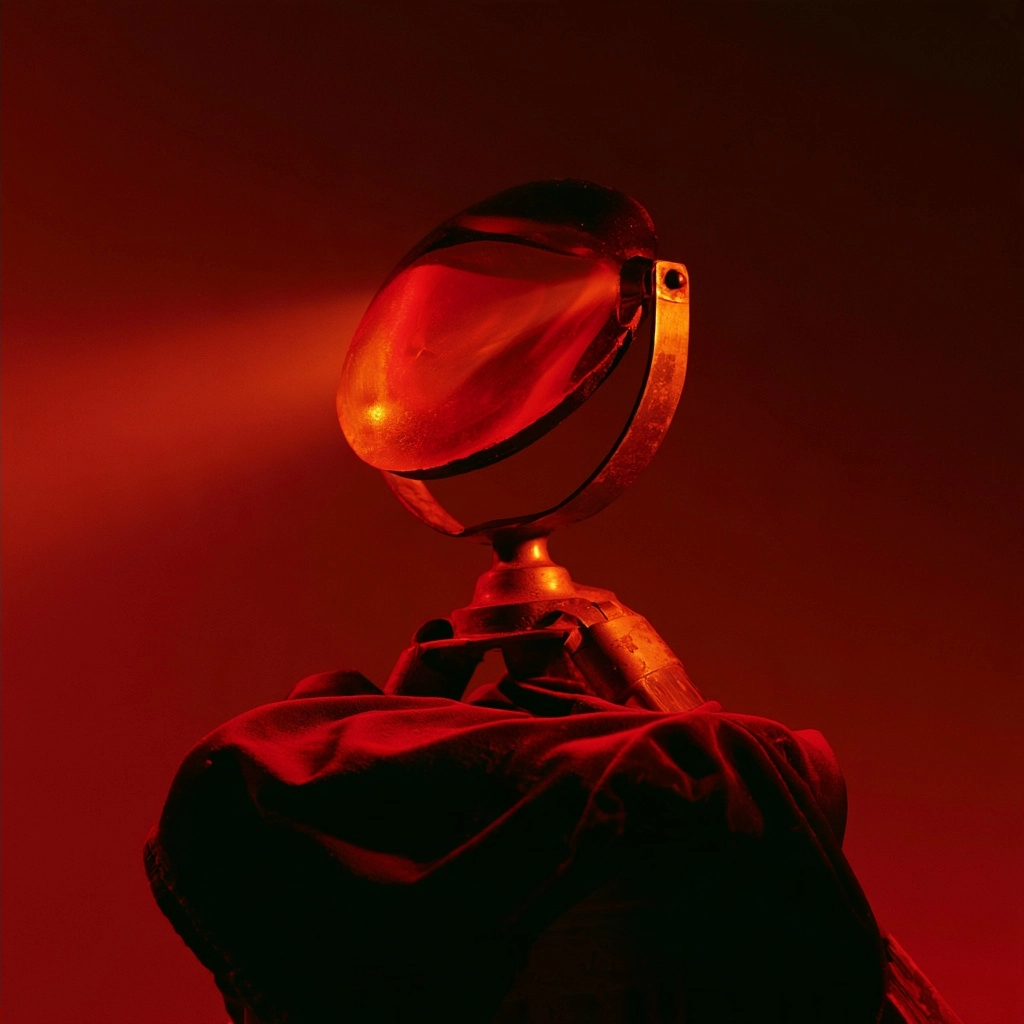 A single red glowing lamp mounted on a stand, resting on dark draped cloth in a red room.