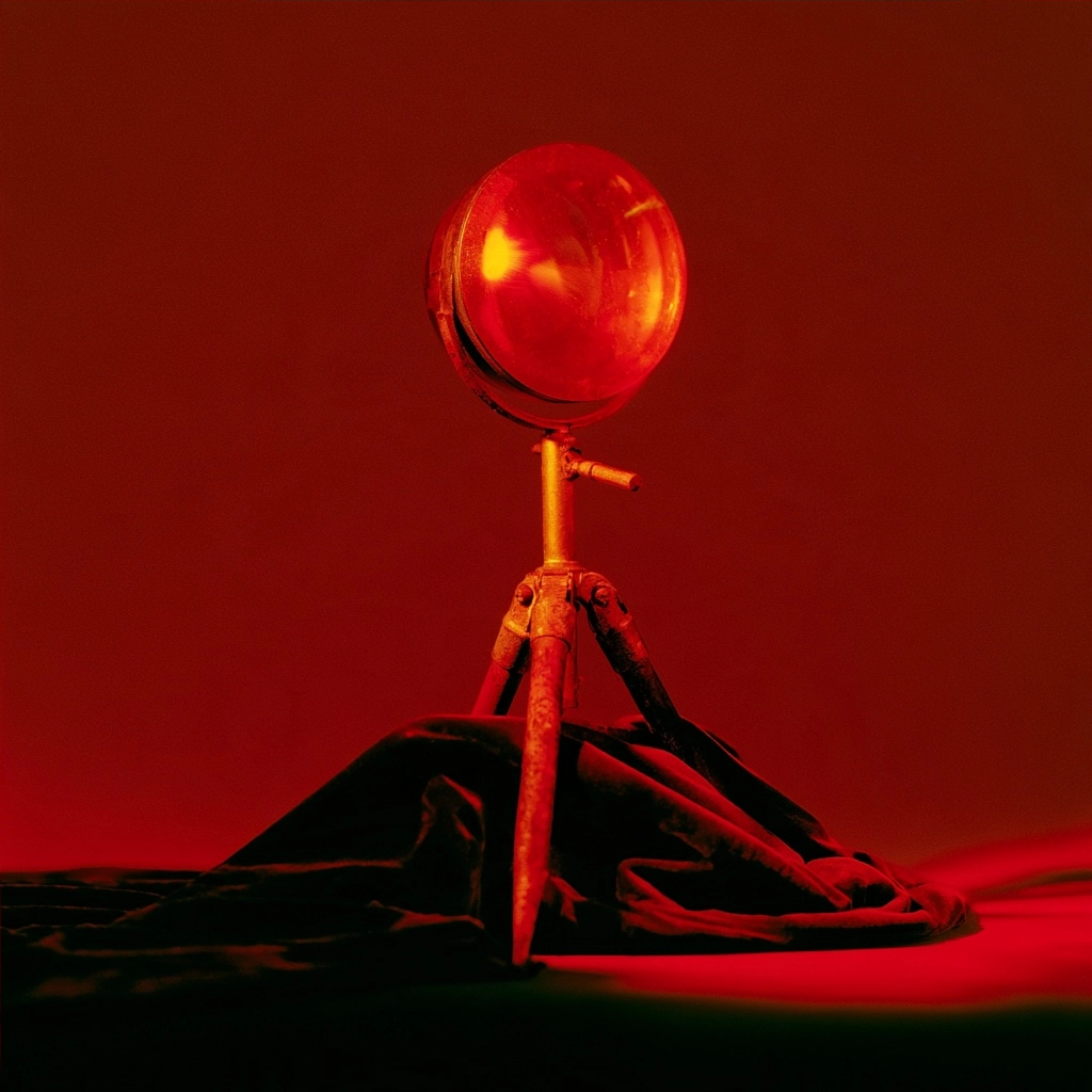 A circular metallic device mounted on a thin tripod under intense red lighting.
