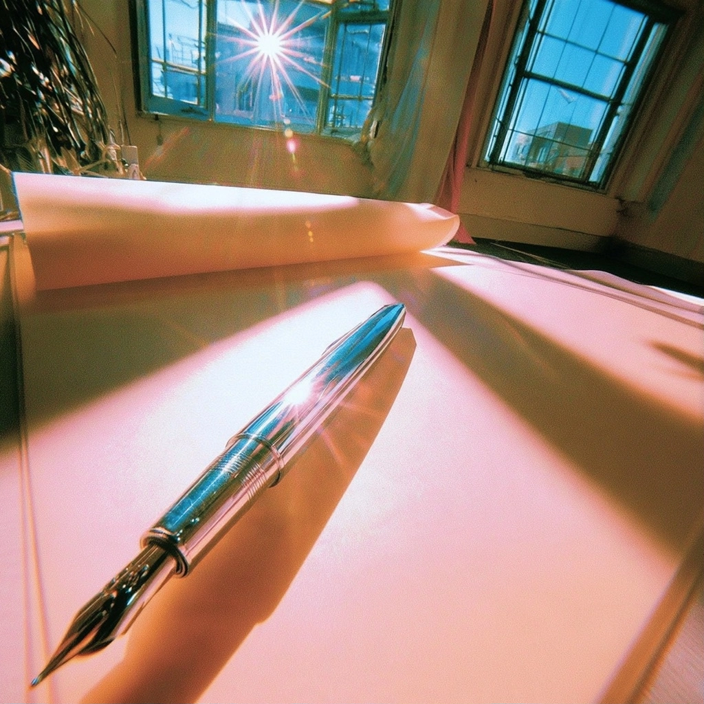 A close-up shot of a metallic fountain pen on pink paper illuminated by bright sunlight from a nearby window.