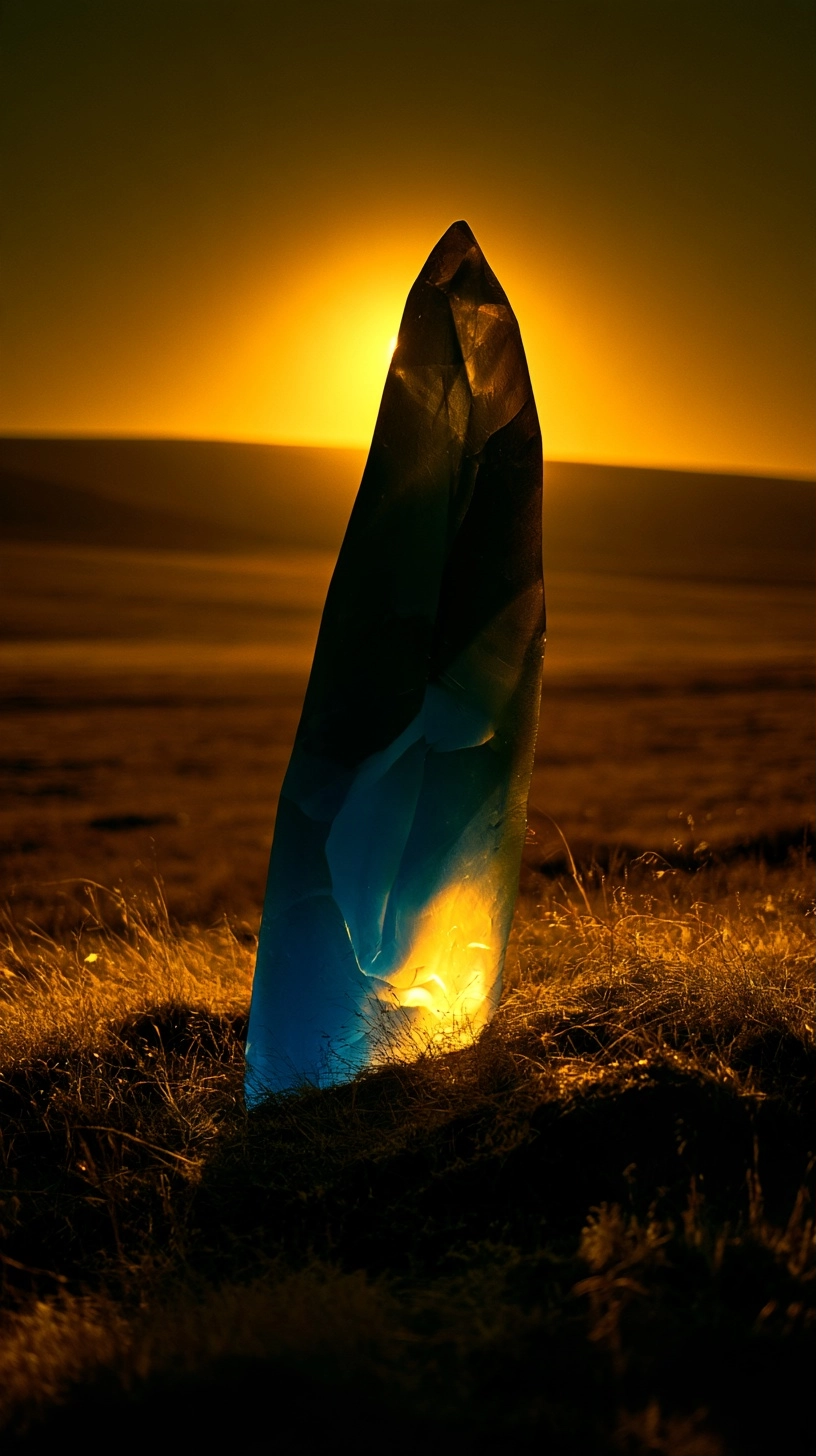 A glowing translucent crystal shard standing in a dark grassy field during a golden sunset.