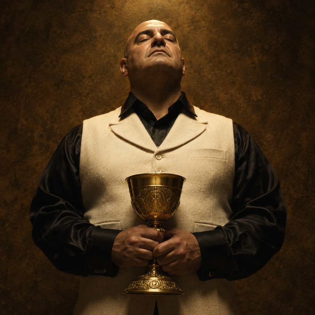 A man in formal attire holding an ornate golden chalice with both hands.