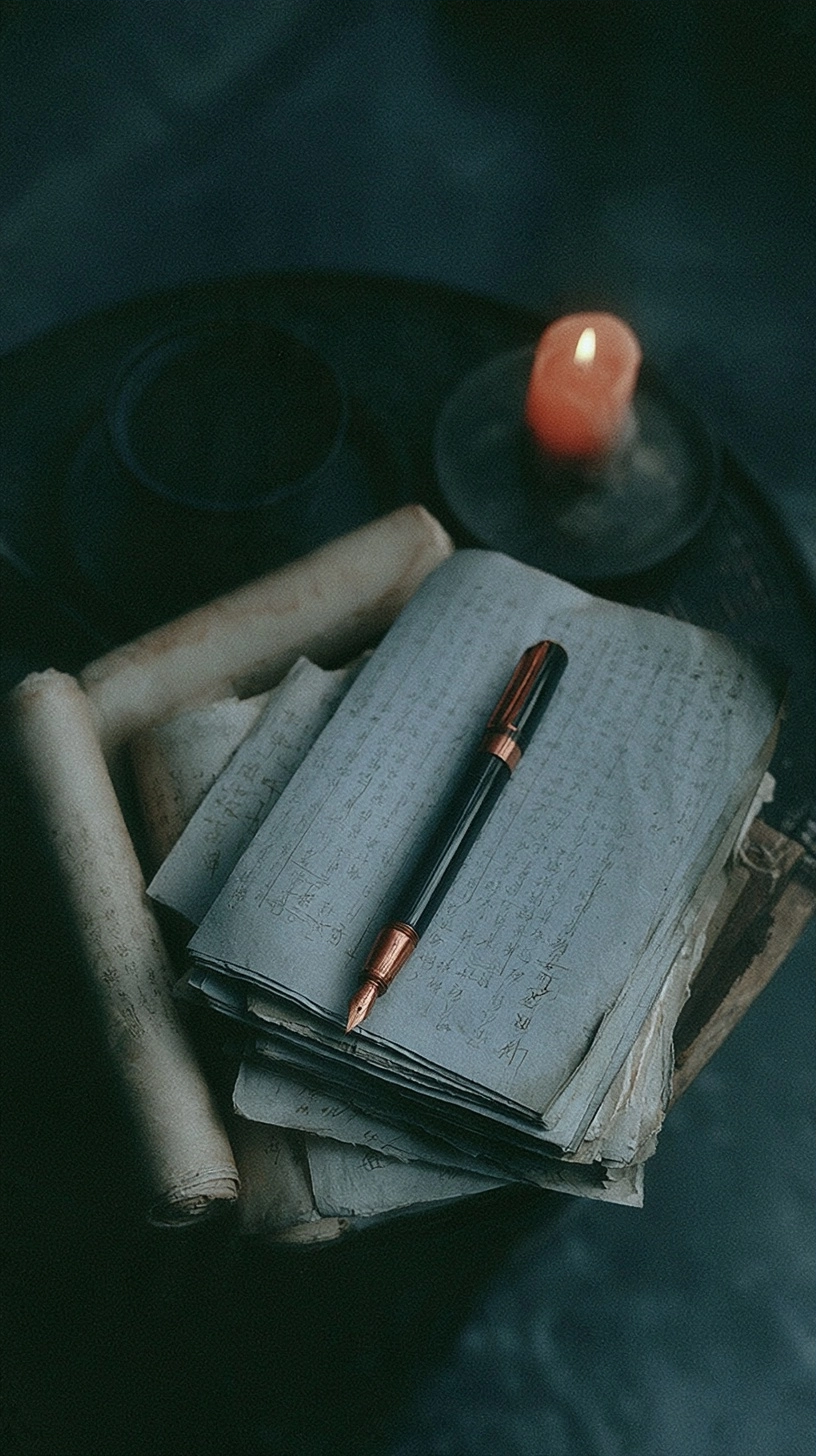 A black and copper fountain pen on aged handwritten documents with scrolls and a glowing candle in the background.