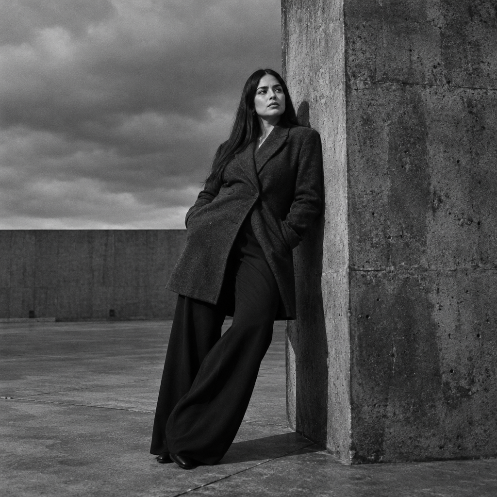 Black and white portrait of a woman leaning against a textured concrete wall outdoors.