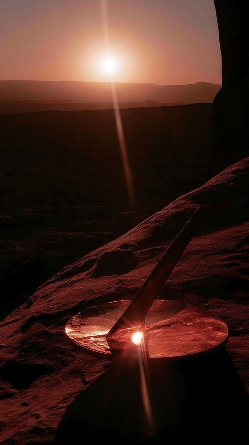 A reflective metal disc on a rocky ledge during a glowing desert sunset.