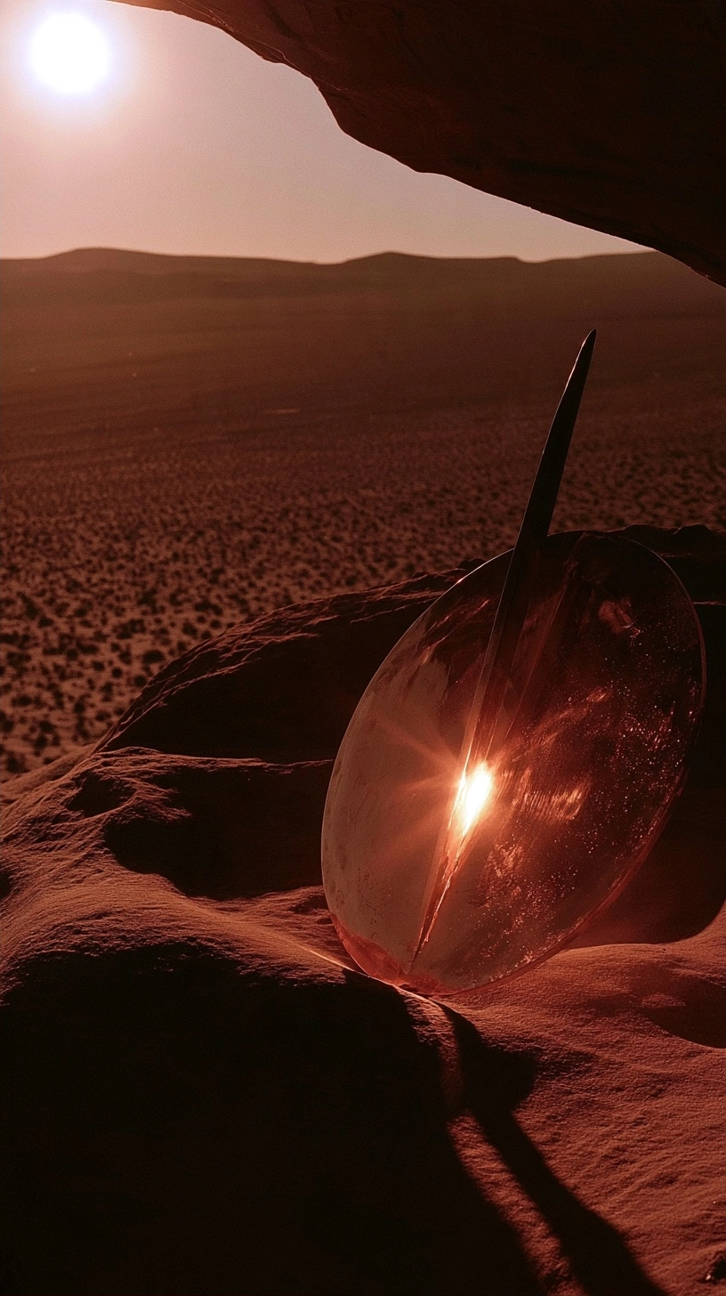 A glowing translucent stone sitting on a desert rock during sunset.