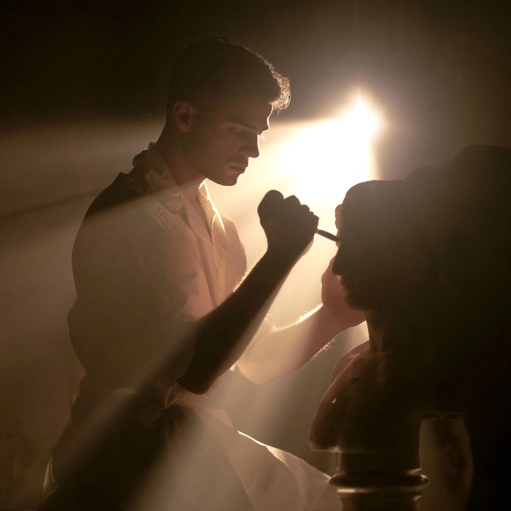 Silhouette of a makeup artist applying product to a client's face in a dark, backlit setting.