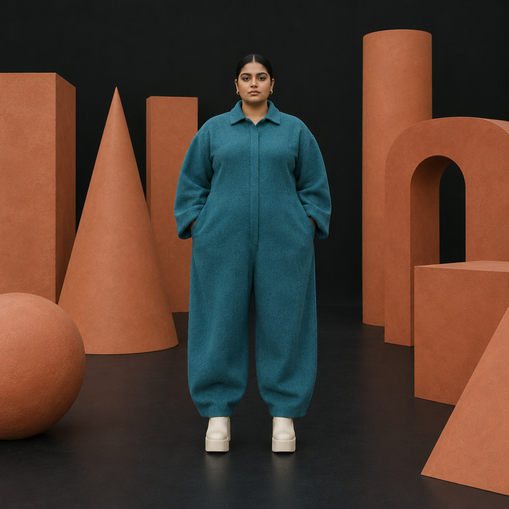 Woman wearing a baggy teal jumpsuit posing amidst large terracotta cones, spheres, and arches.