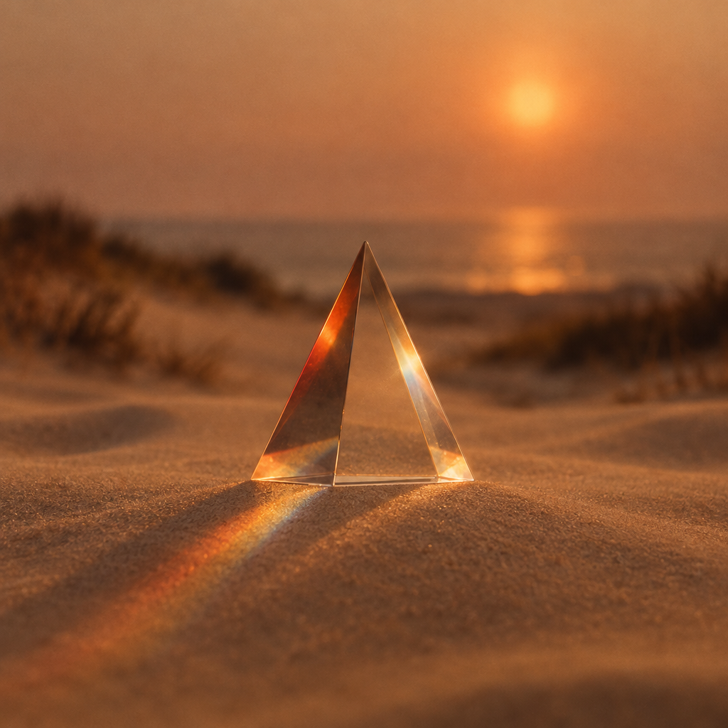 A transparent glass pyramid on sand refracting sunlight into a rainbow during sunset.