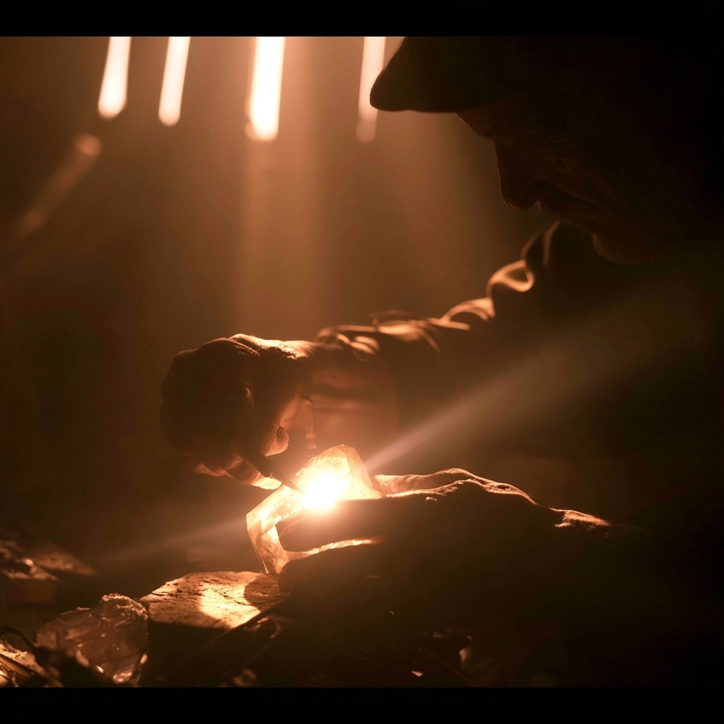 Close up of hands holding a bright, glowing crystal in a dark, atmospheric setting.