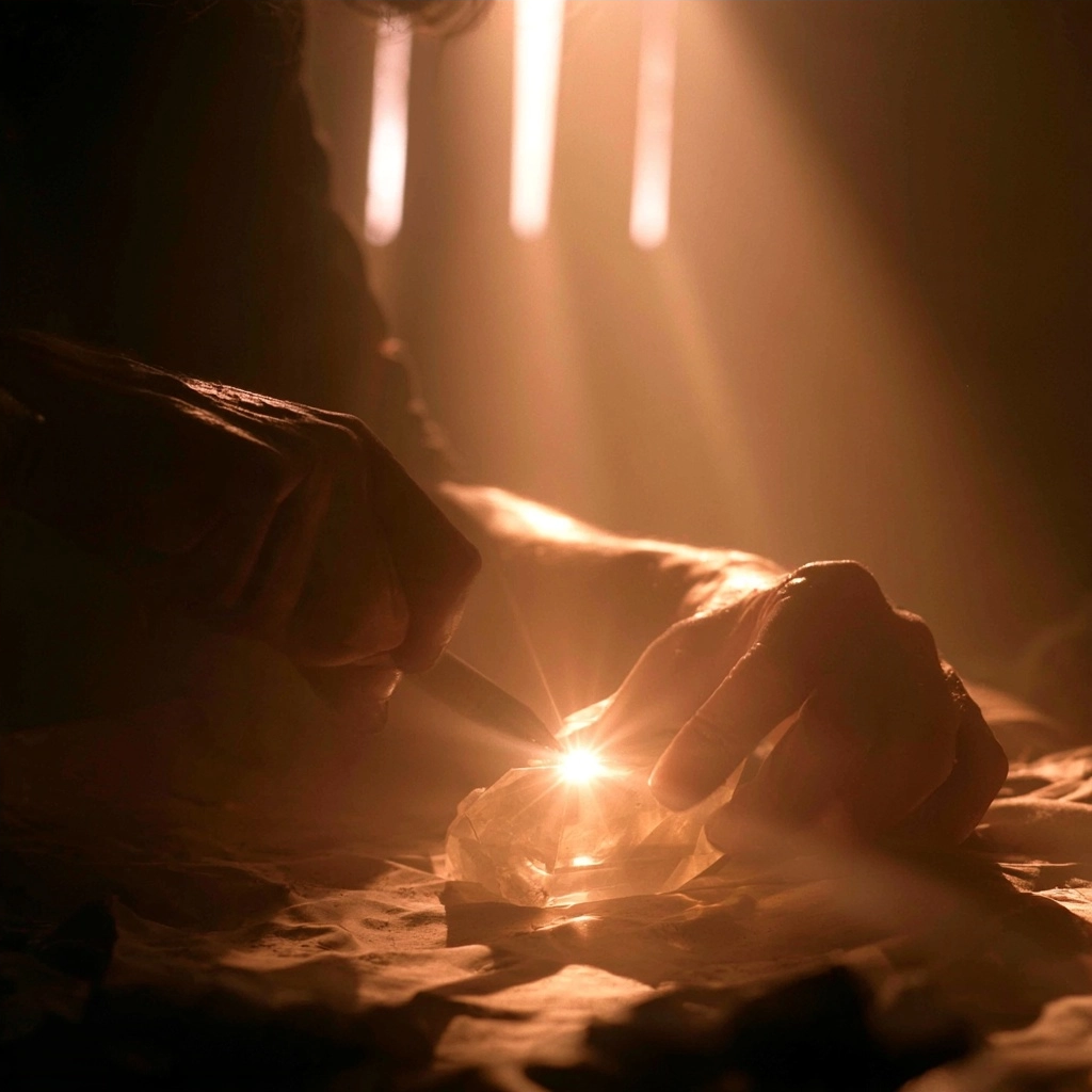 Close-up of hands illuminated by a bright light source while handling a glowing crystal-like object.