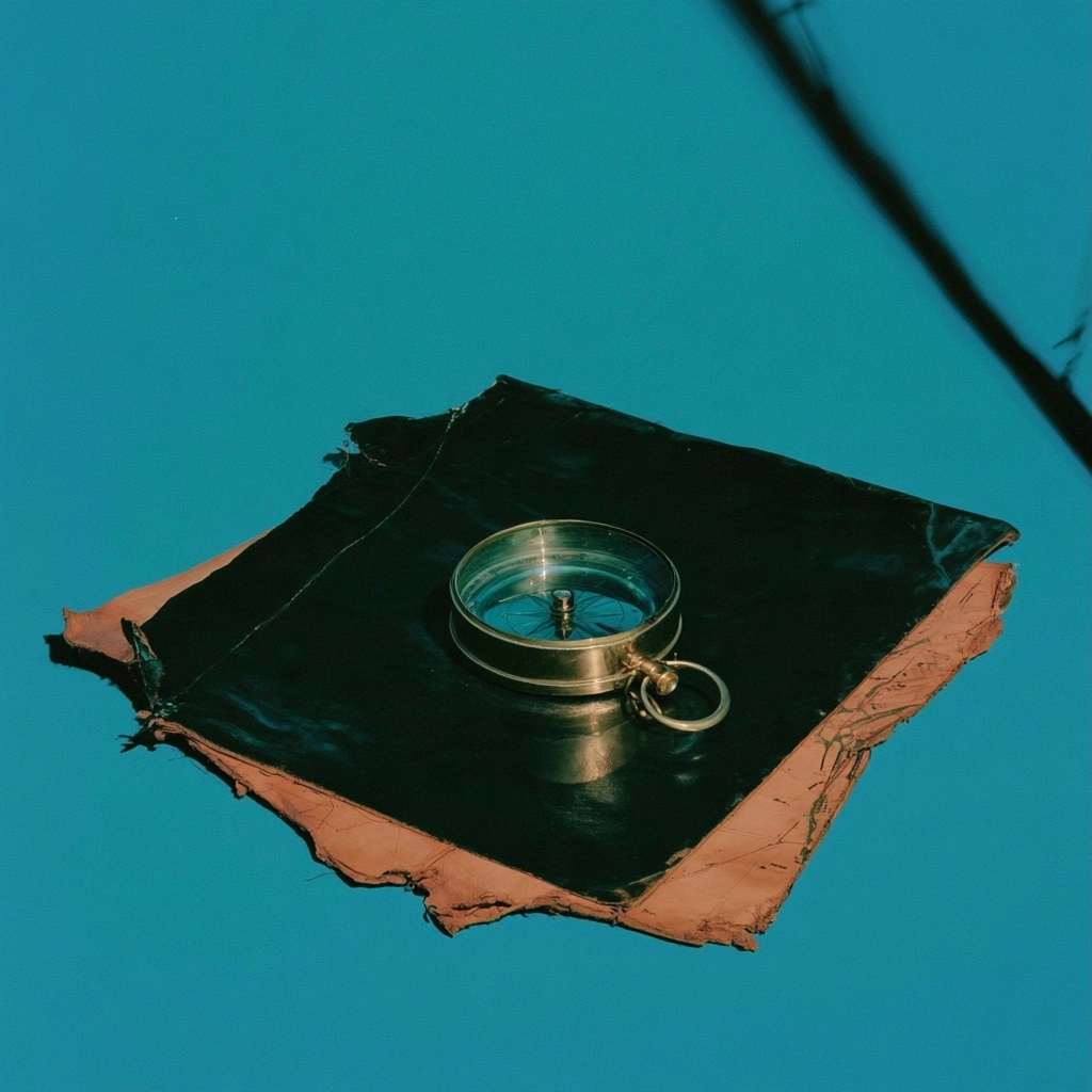 A vintage brass compass sitting on dark paper and terracotta material against a solid teal backdrop.
