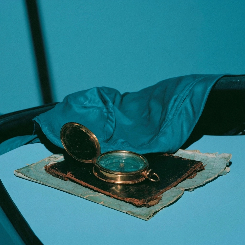 An open antique gold compass lying on a piece of dark leather against a teal background.