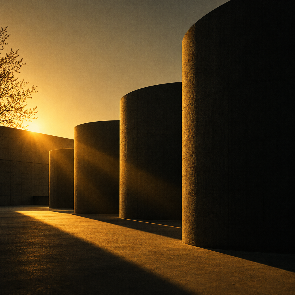 Golden sunlight streaming between massive concrete cylinders at sunset.