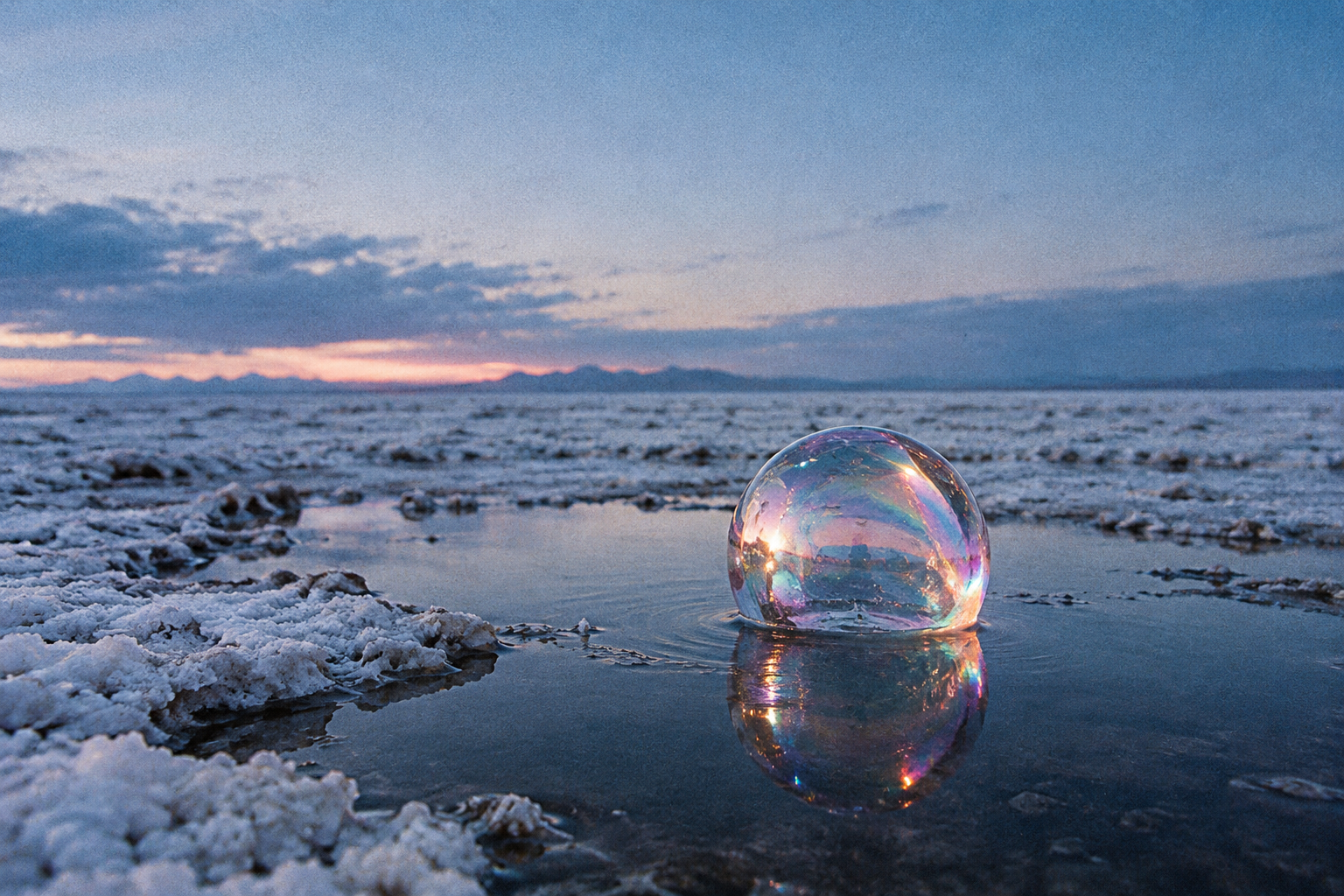 A shimmering, colorful bubble resting in a small puddle on a textured salt crust at dusk.