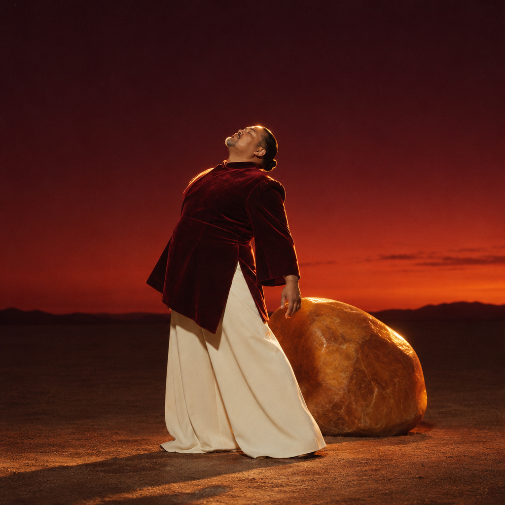 A person in red velvet and cream clothing looking up at a dark red sunset sky next to a large rock.