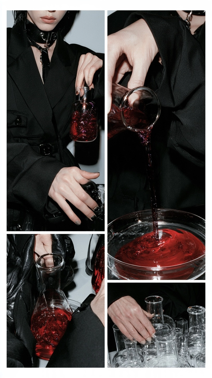 Close up of dark red liquid being poured from a glass decanter into a bowl.