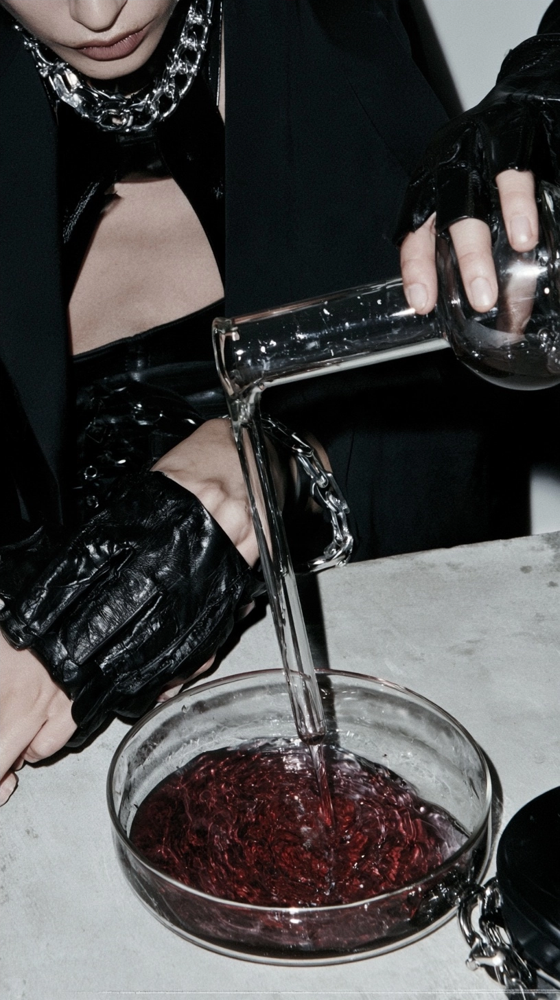 Close up of hands in black leather gloves pouring liquid from a glass bottle into a bowl of red jam.