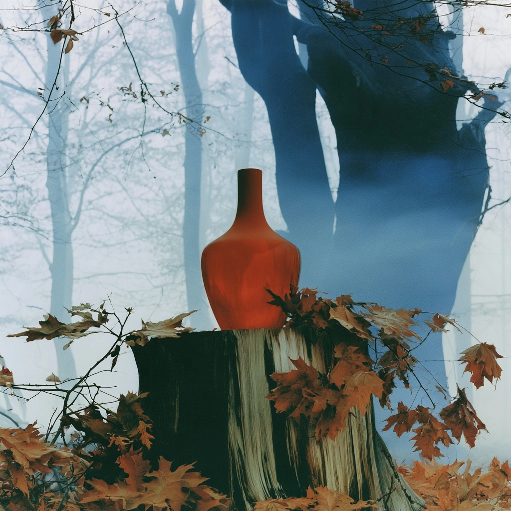 An orange ceramic vase resting on a wooden stump amidst fallen autumn leaves in a foggy blue forest.