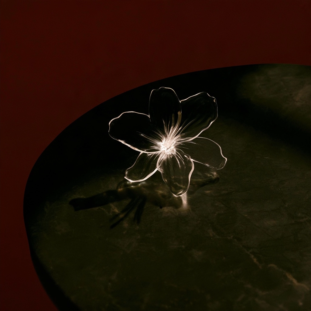 A luminous, clear glass flower glowing from within on a dark stone table.
