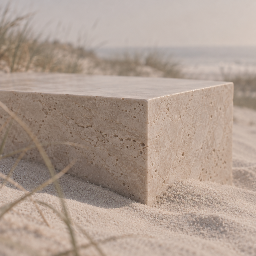 A textured beige stone block resting in white beach sand near coastal grass.