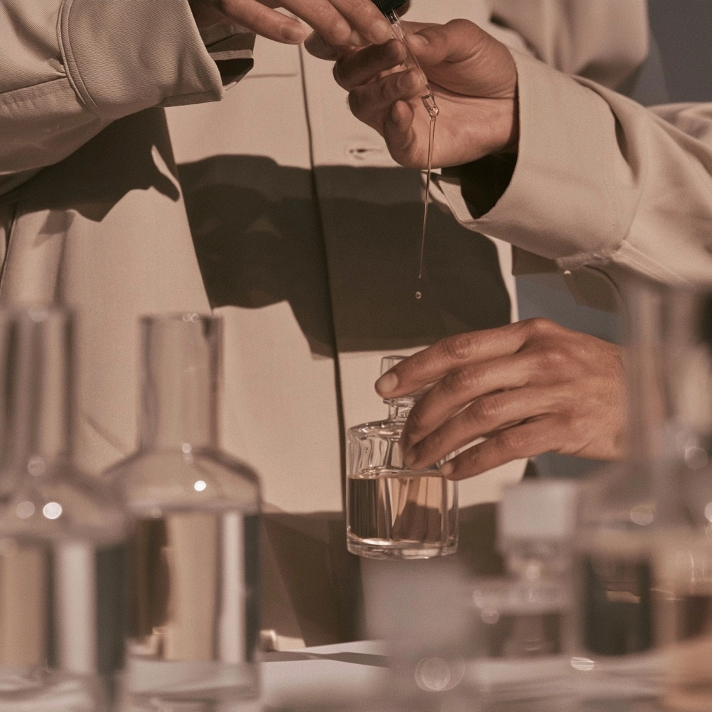 Close up of hands using a glass dropper to dispense liquid into a small clear bottle.