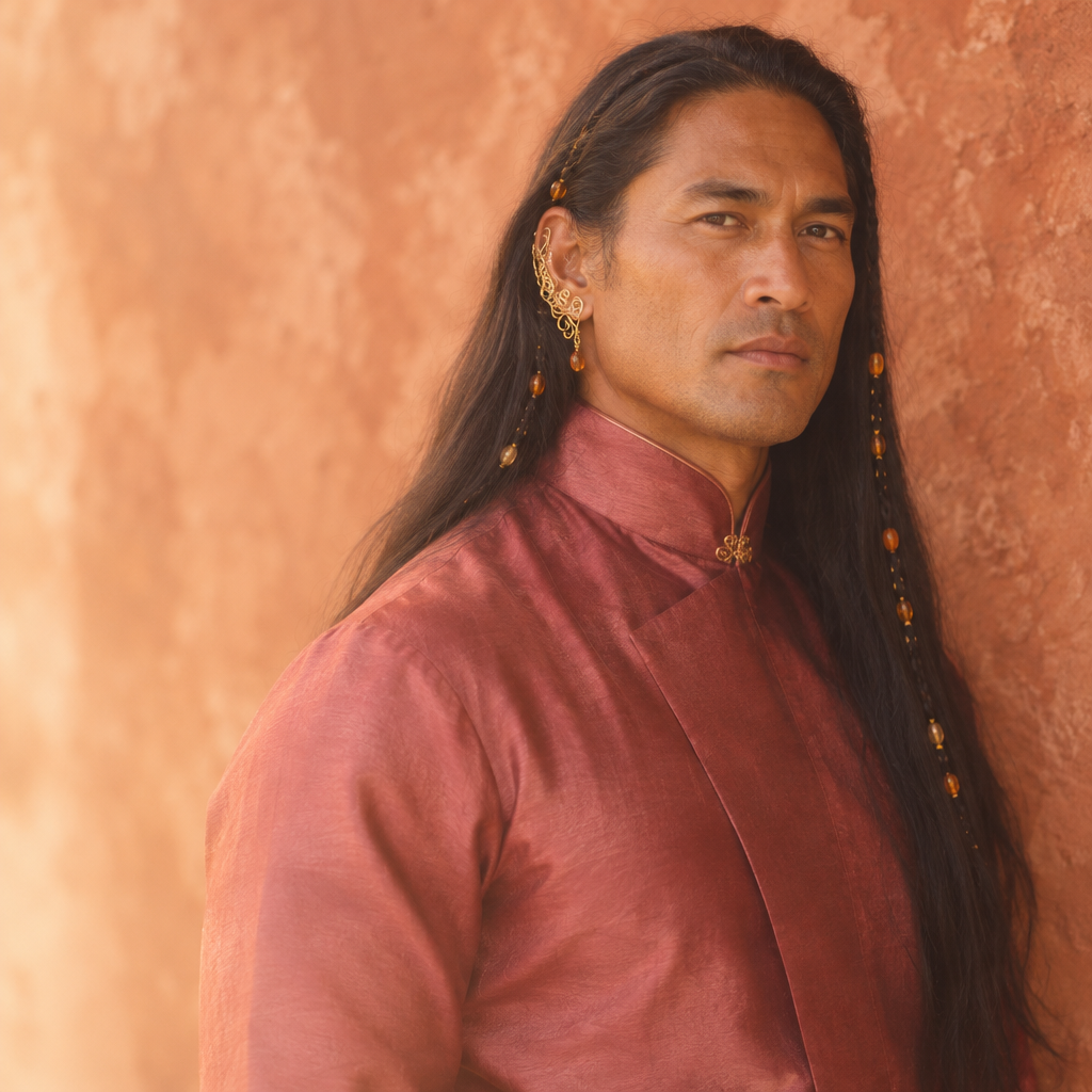 Portrait of a man with long dark hair and gold earrings wearing a pink silk garment.