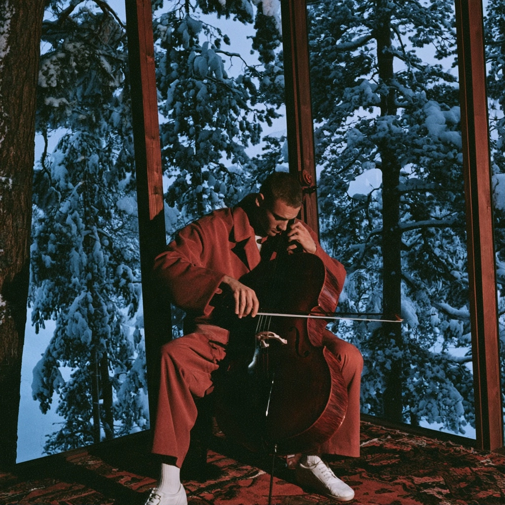 A man playing a cello while seated near large windows overlooking a snowy pine forest.