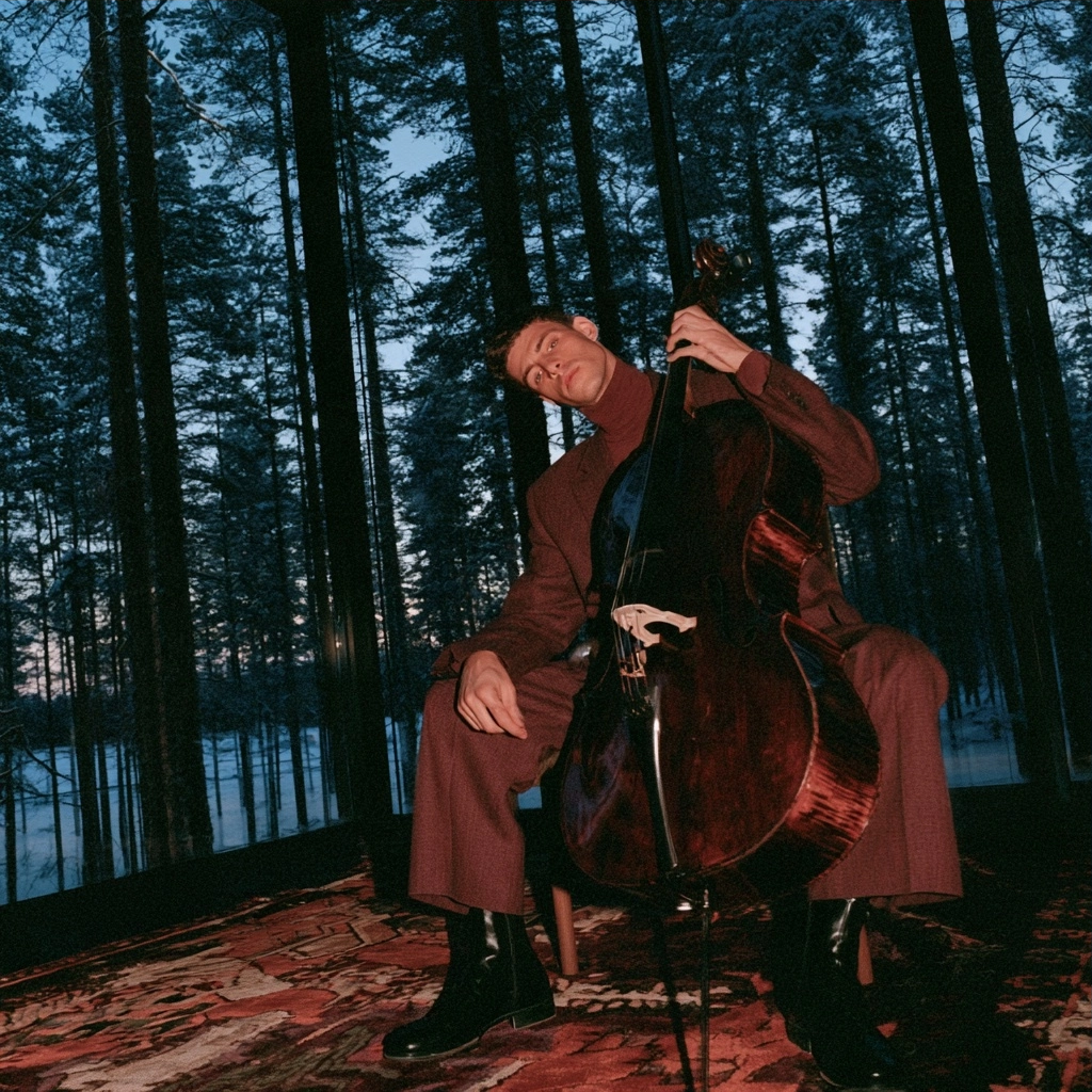 A man sitting in a dark forest holding a large wooden cello.