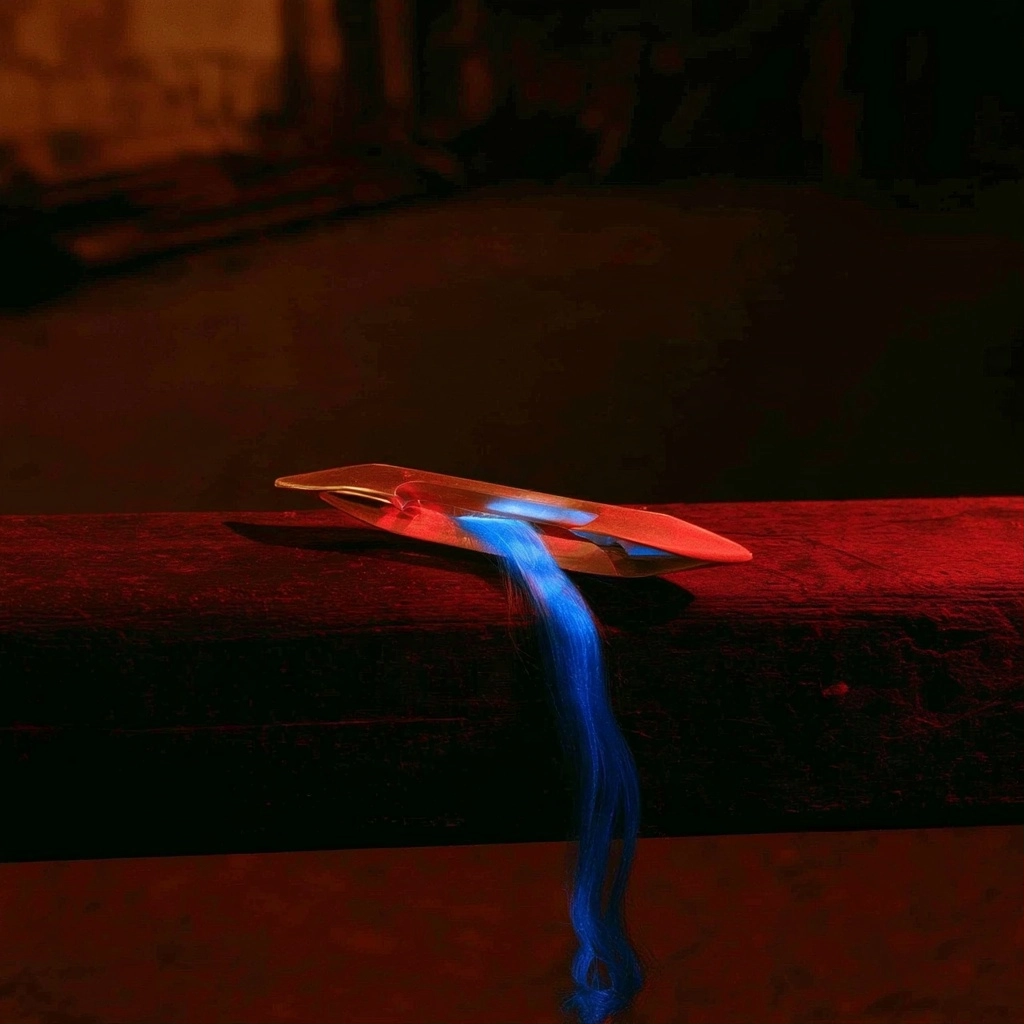 Glowing blue liquid pouring from a sleek silver object onto a dark red textured ledge.