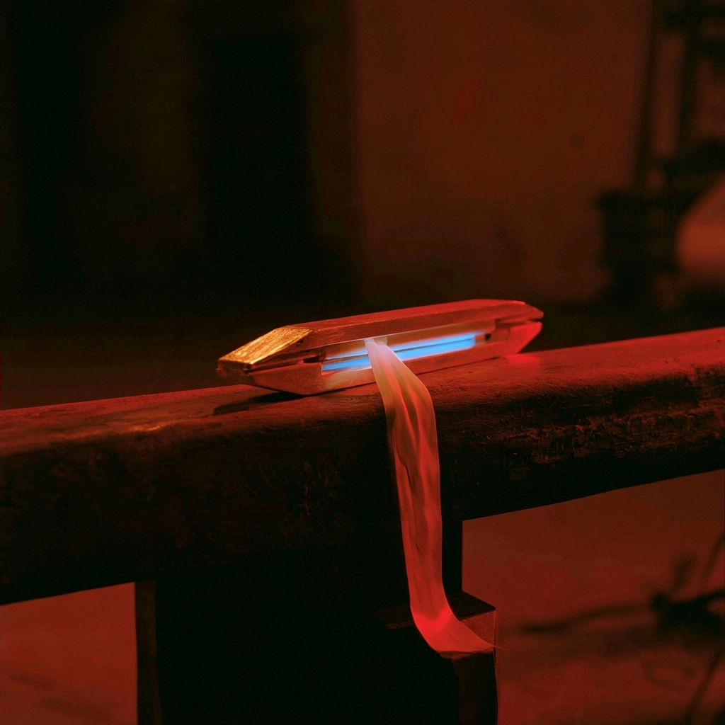 A luminous rectangular object with a white fabric strip resting on a dark wooden ledge in red light.
