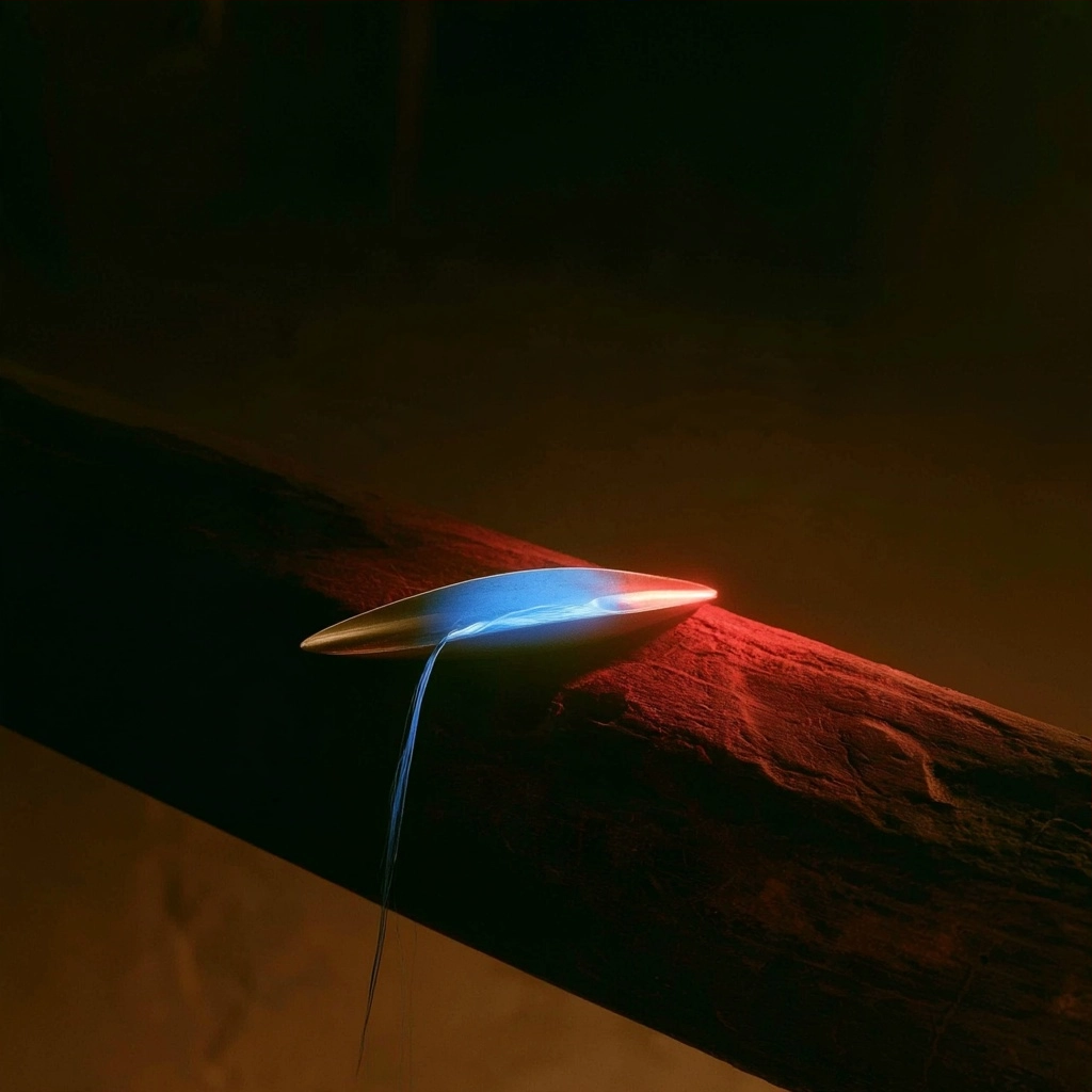 A bright blue luminous object resting on a dark, rough wooden surface in a dark environment.